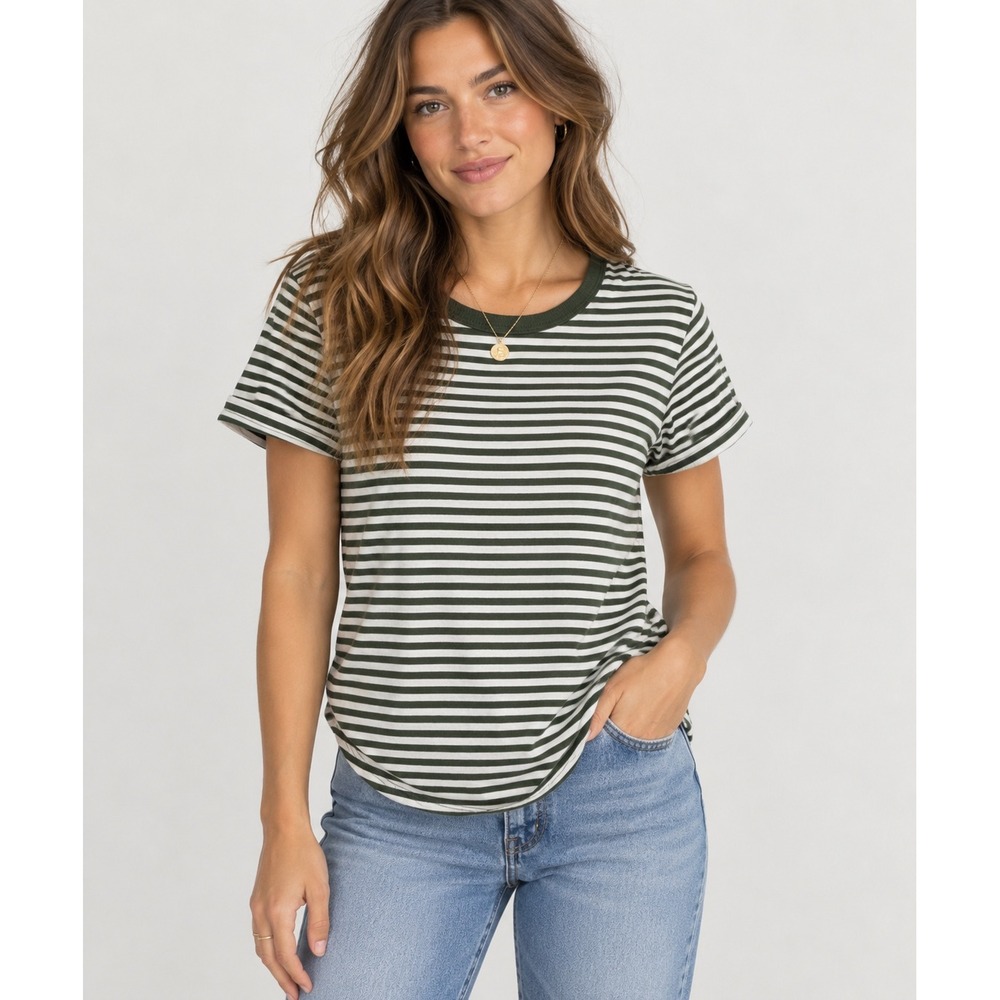 Madewell Olive Green White Striped Cotton Crewneck Tee Shirt XS